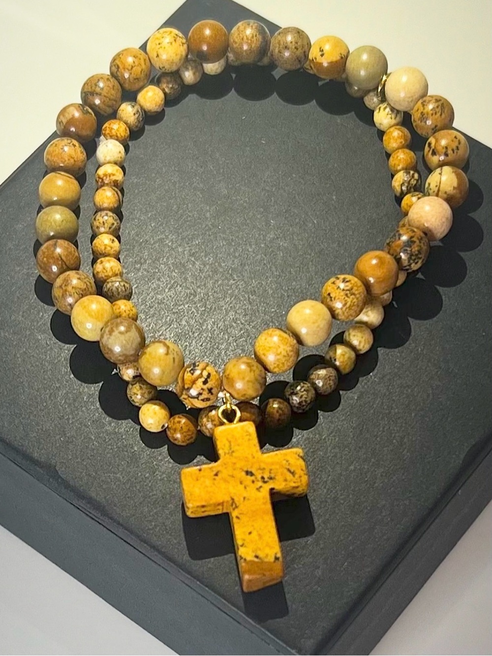 Natural Picture Stone Beaded Bracelet w Cross - Women Jewelry